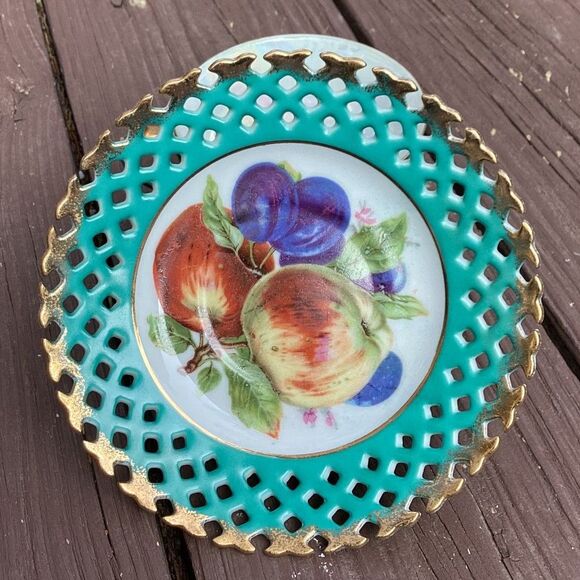 Royal Halsey Very Fine Tea Cup and Saucer Set Fruit Motif Turquoise Gold Trim - Picture 5 of 7